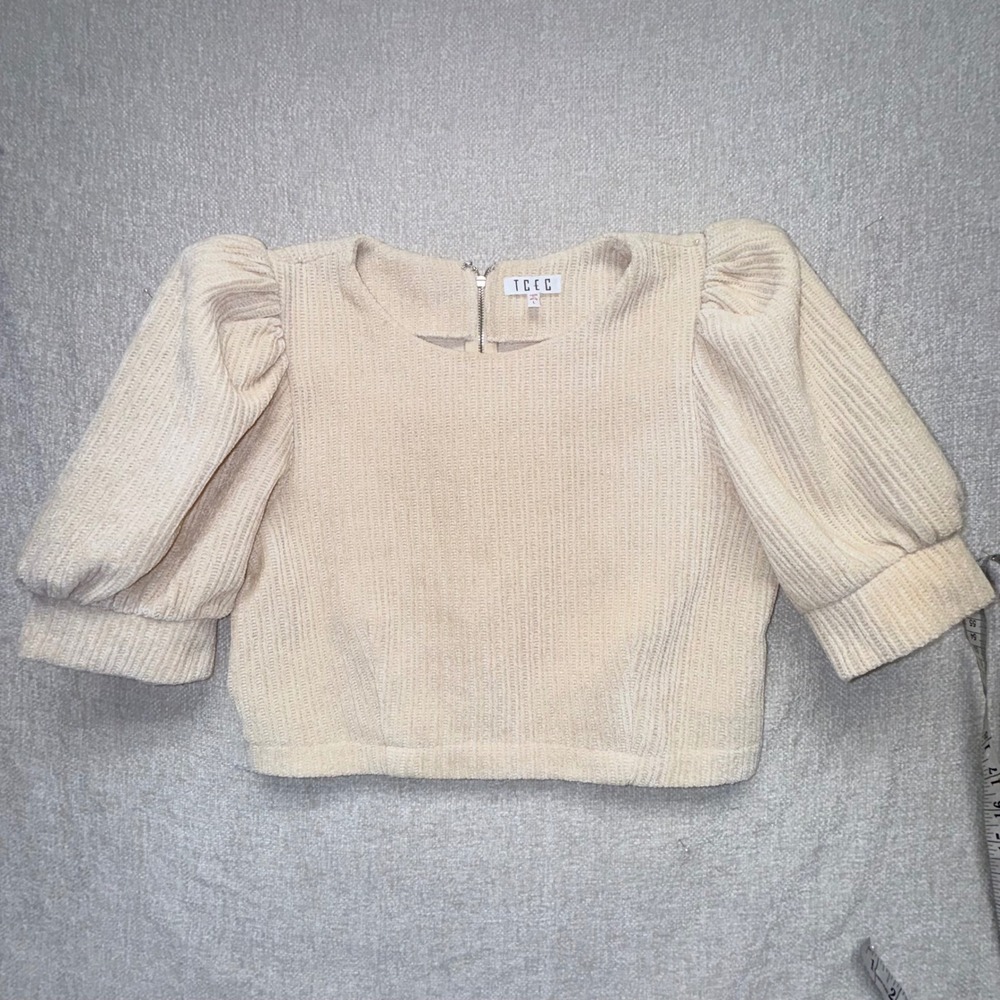 TCEC Cream Corduroy Puff Sleeve Crop Top Back Zip CT7948 Size L